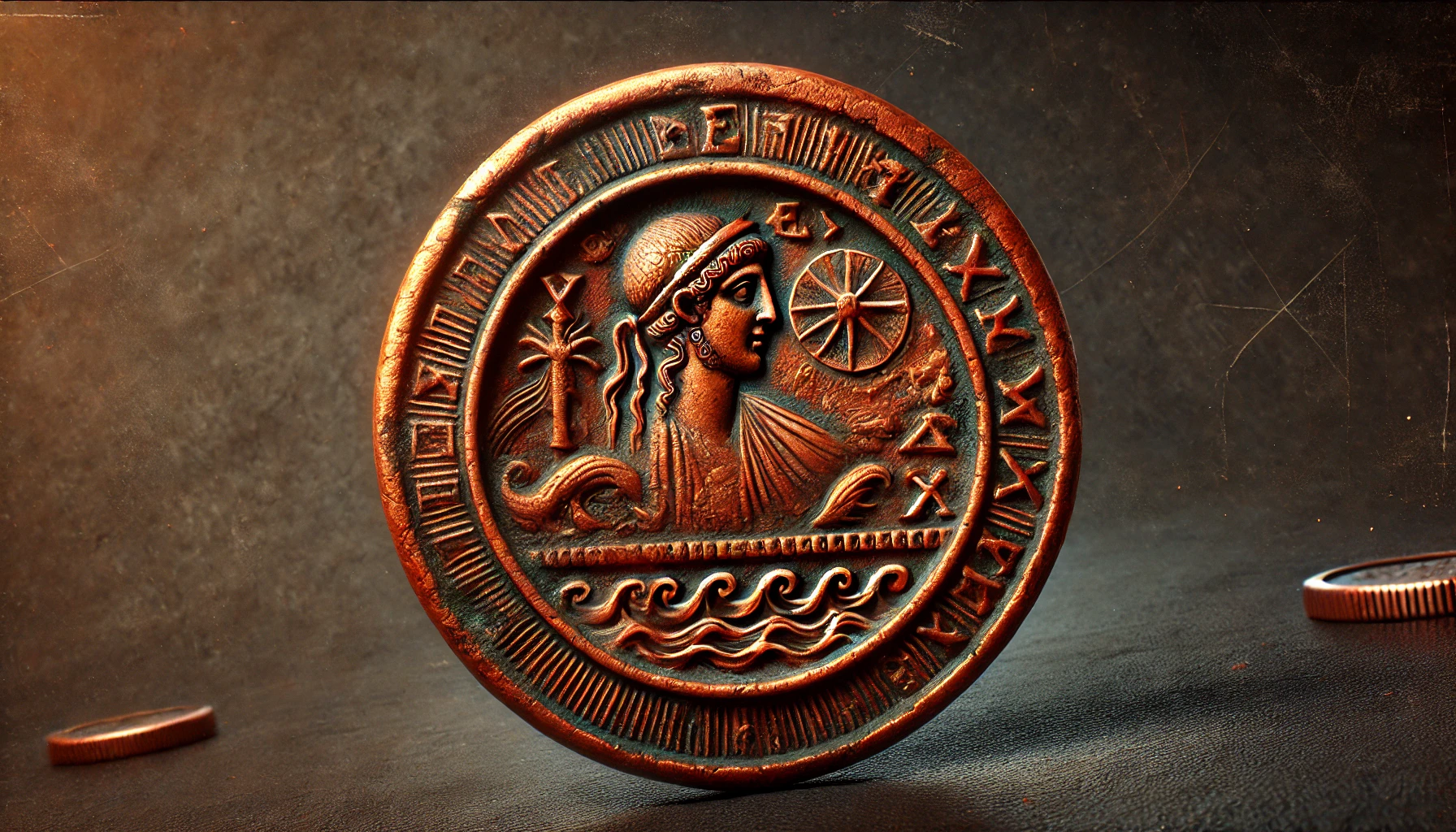 an ancient Greek copper coin in close-up, showcasing detailed engravings of Greek symbols or mythological figures.