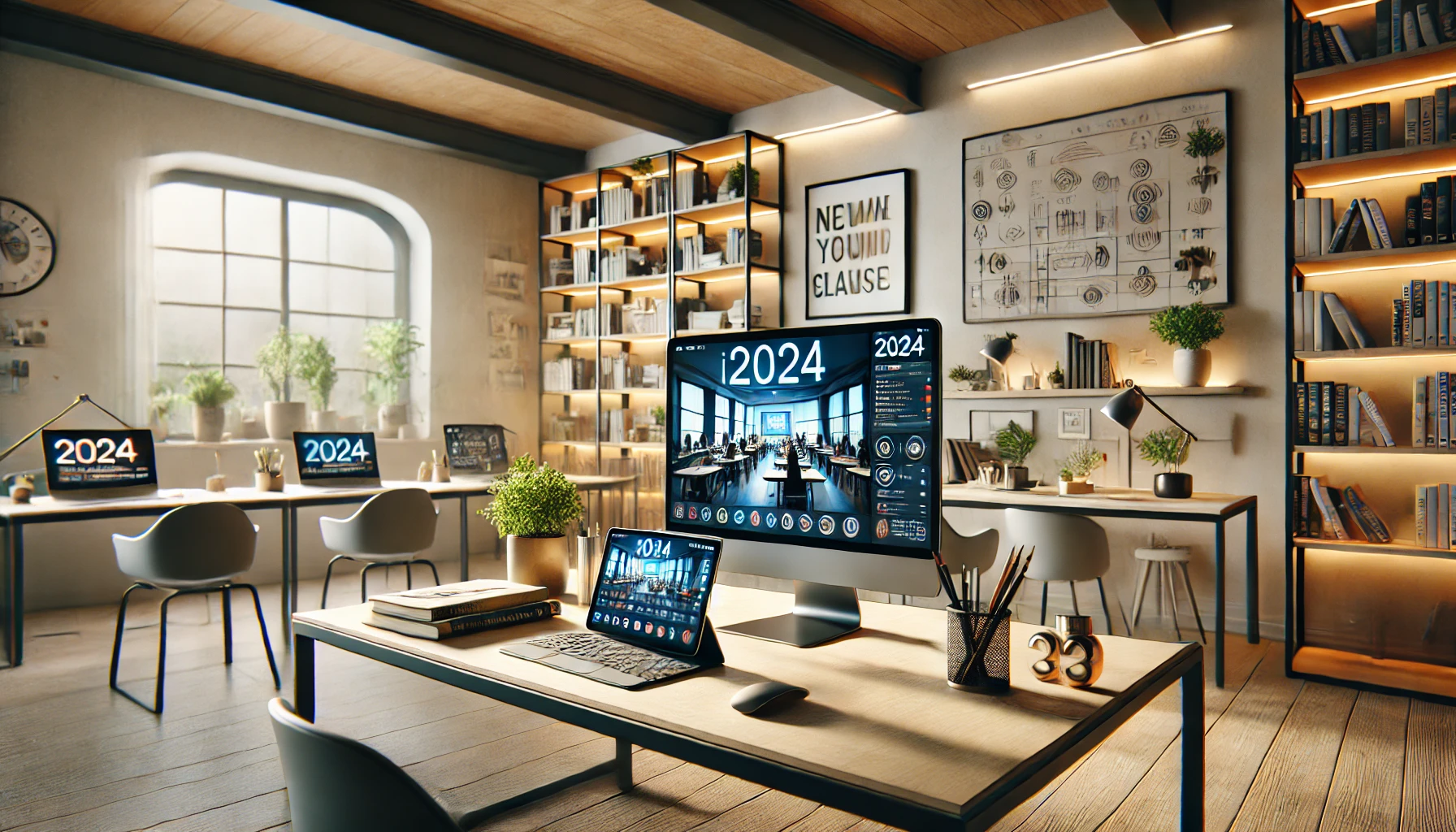 a modern, high-tech study space designed for online learning in 2024, with a clean and organized desk setup.