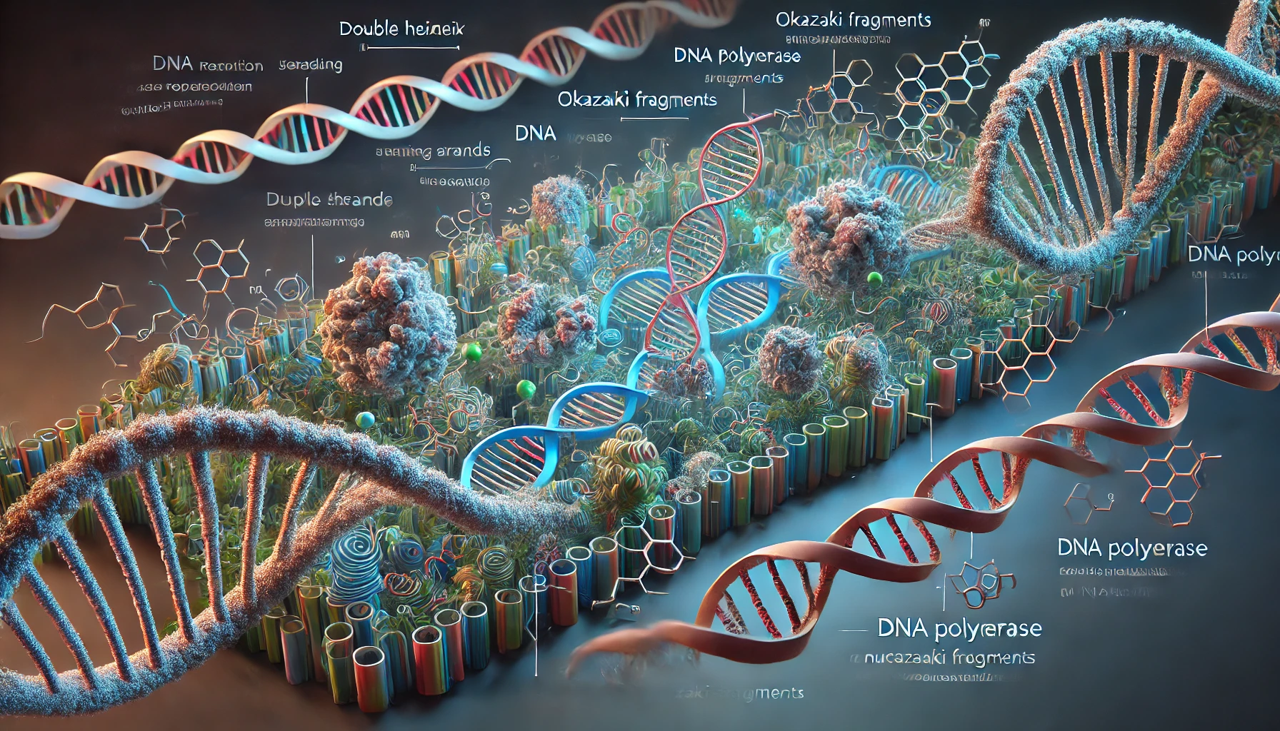 A highly detailed photorealistic image showing the process of DNA replication
