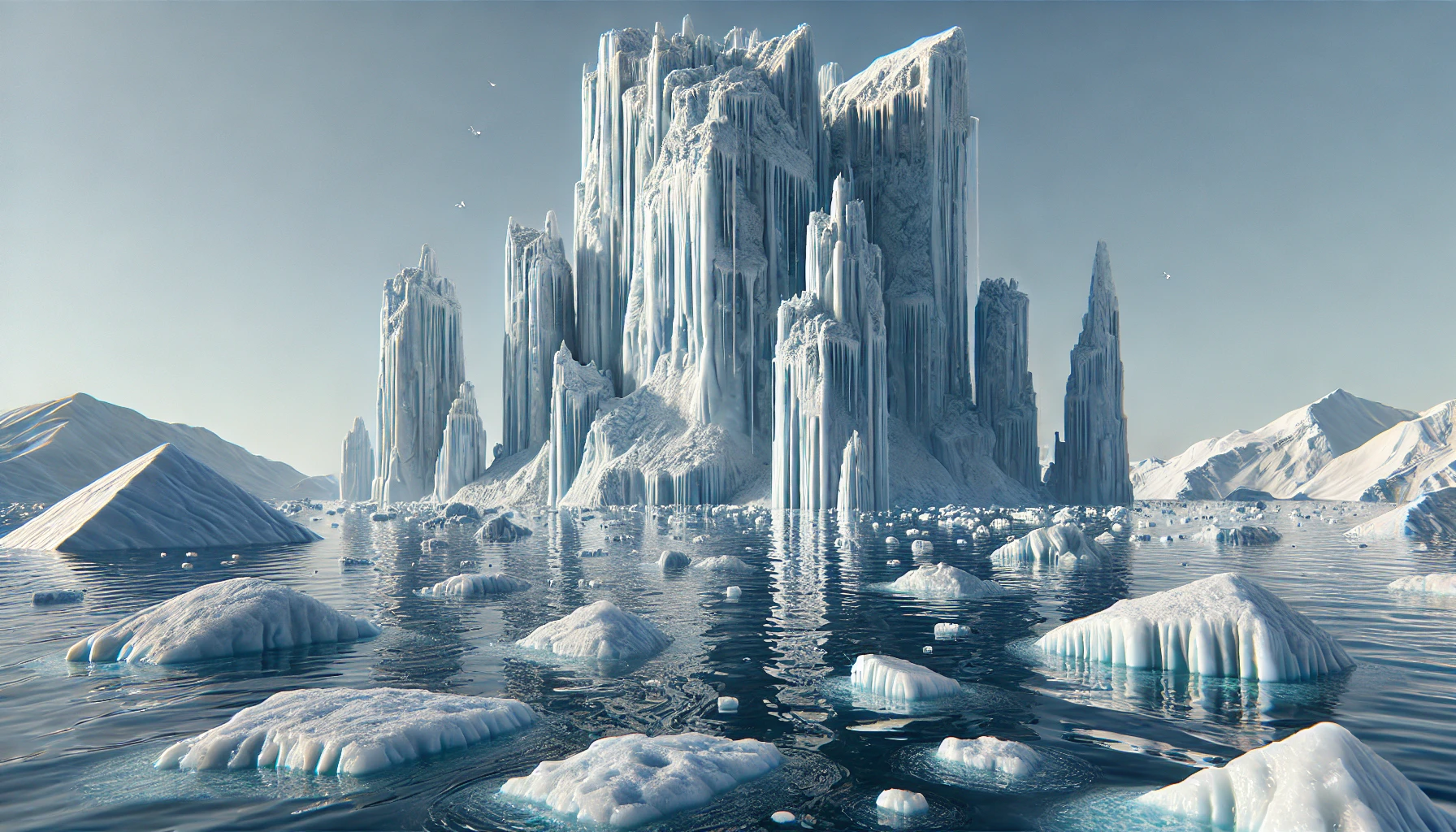 icebergs of various shapes melting in the ocean