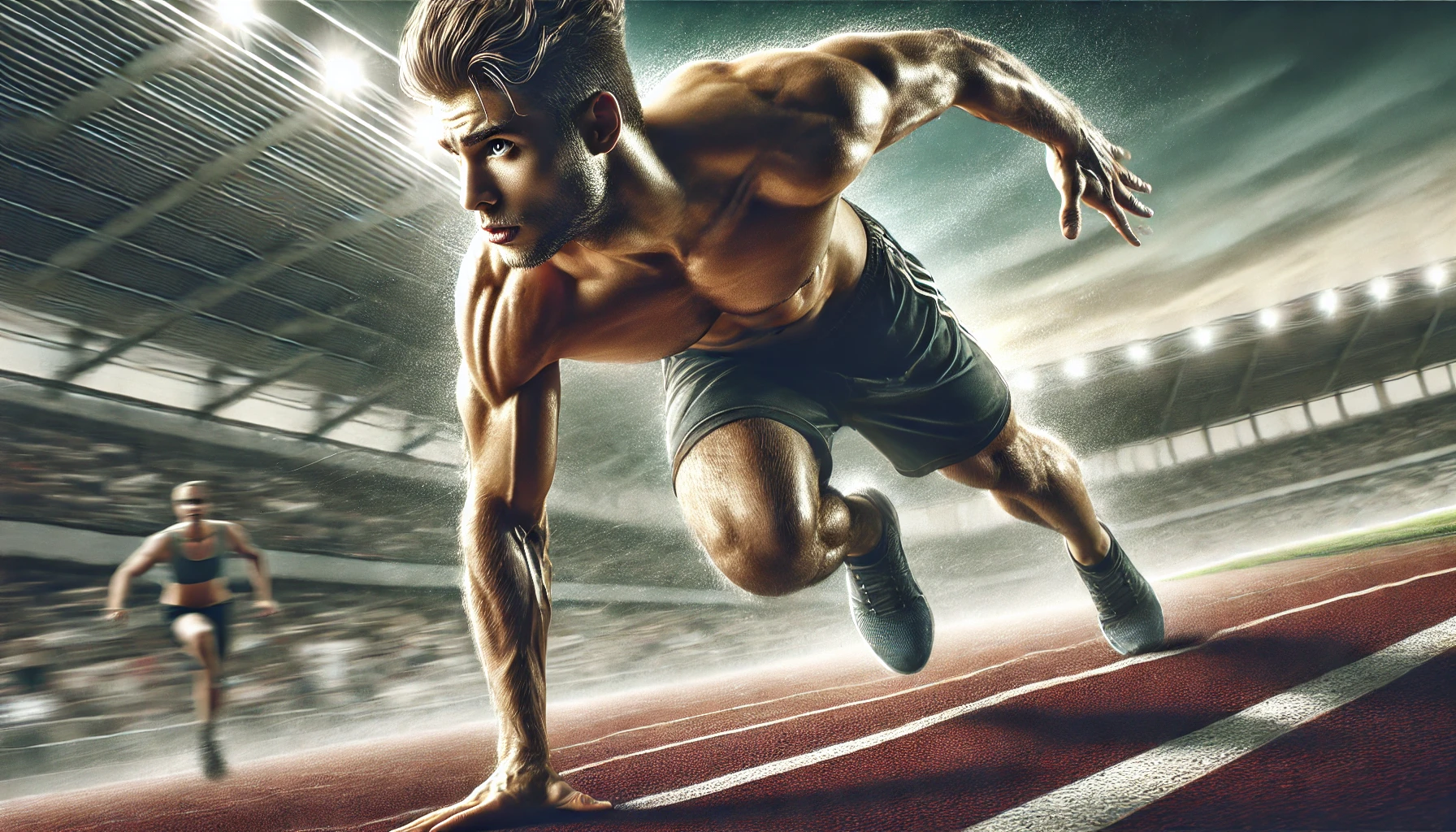 an athlete in mid-action during a sprint, showcasing the energy and quick reflexes enhanced by caffeine consumption.