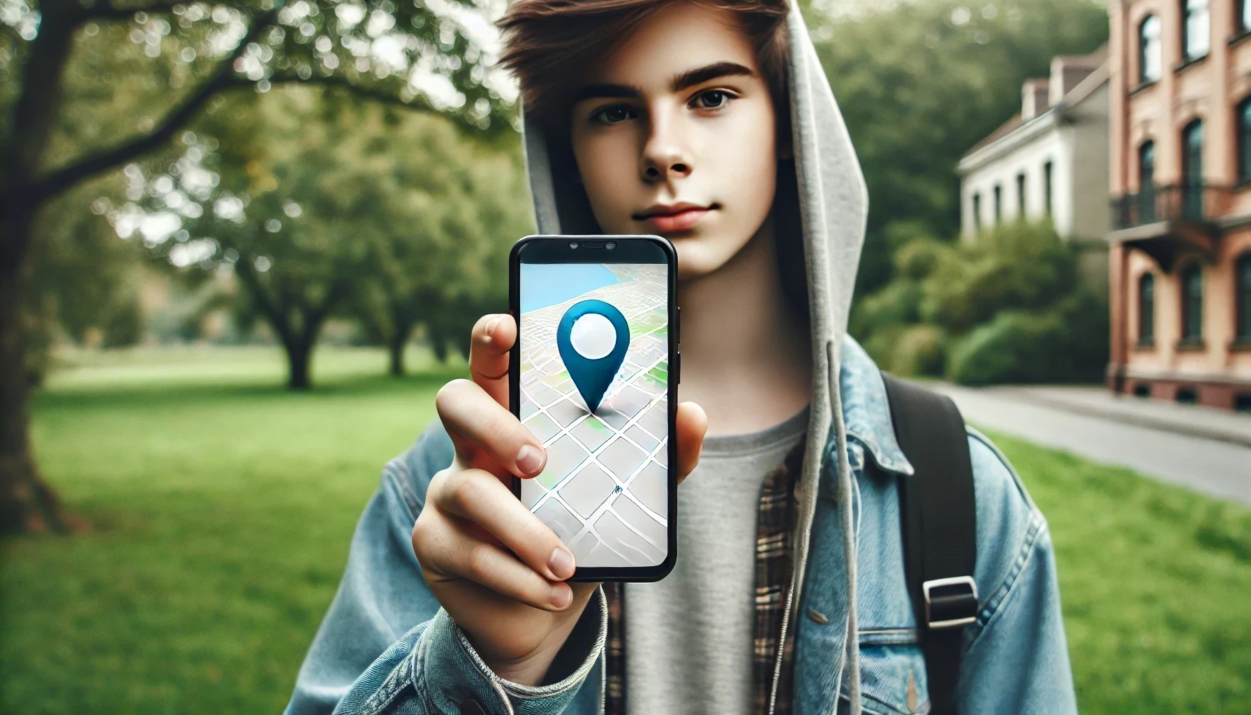 A student is holding a phone with his geolocation on the screen.