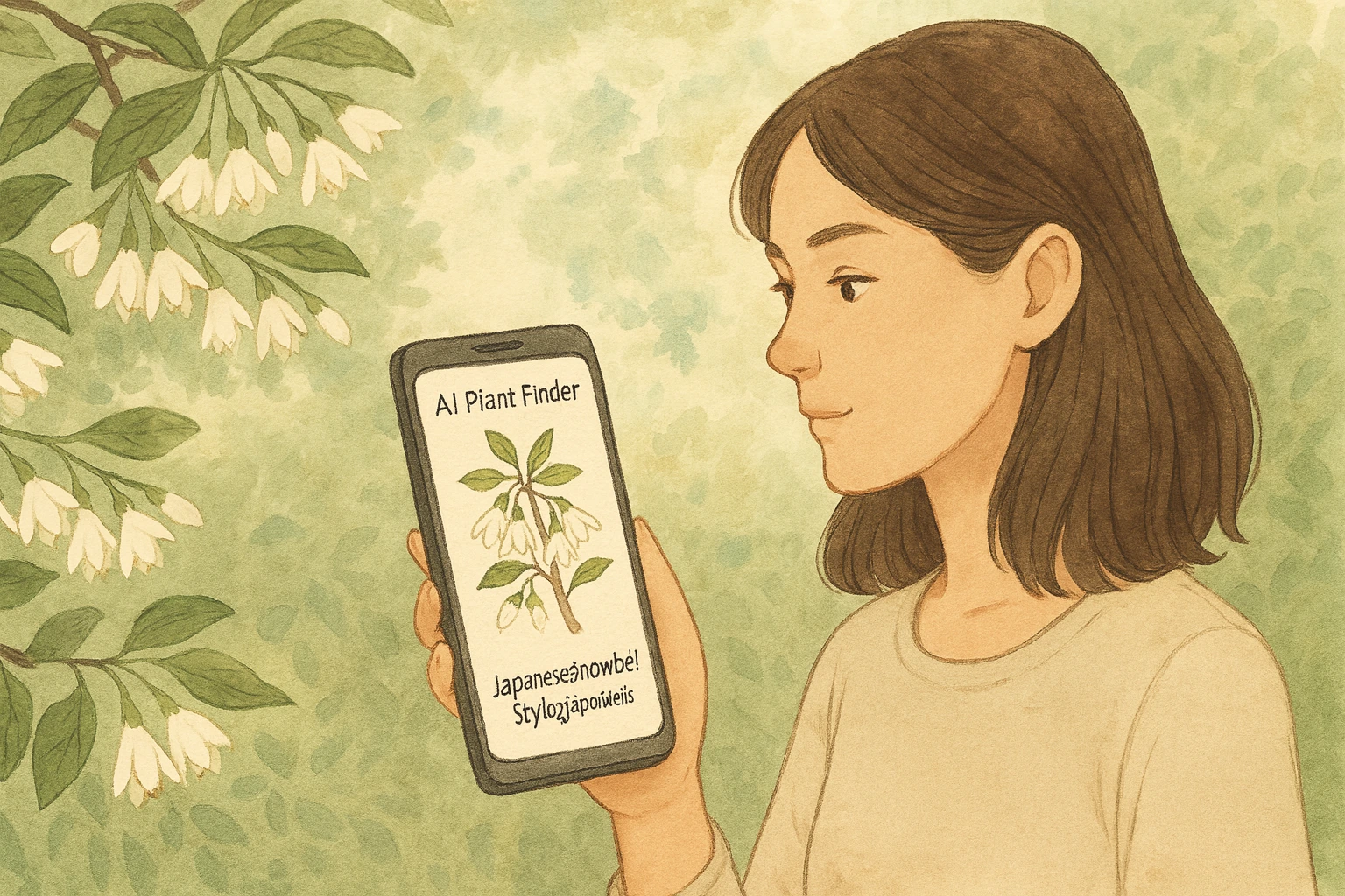 A woman identifies a Japanese Snowbell via AI Plant Finder.