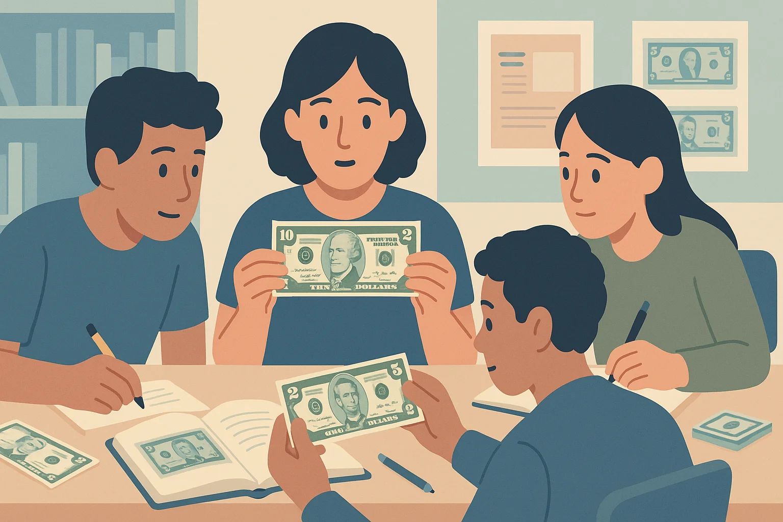 Students examine $10 bills together.