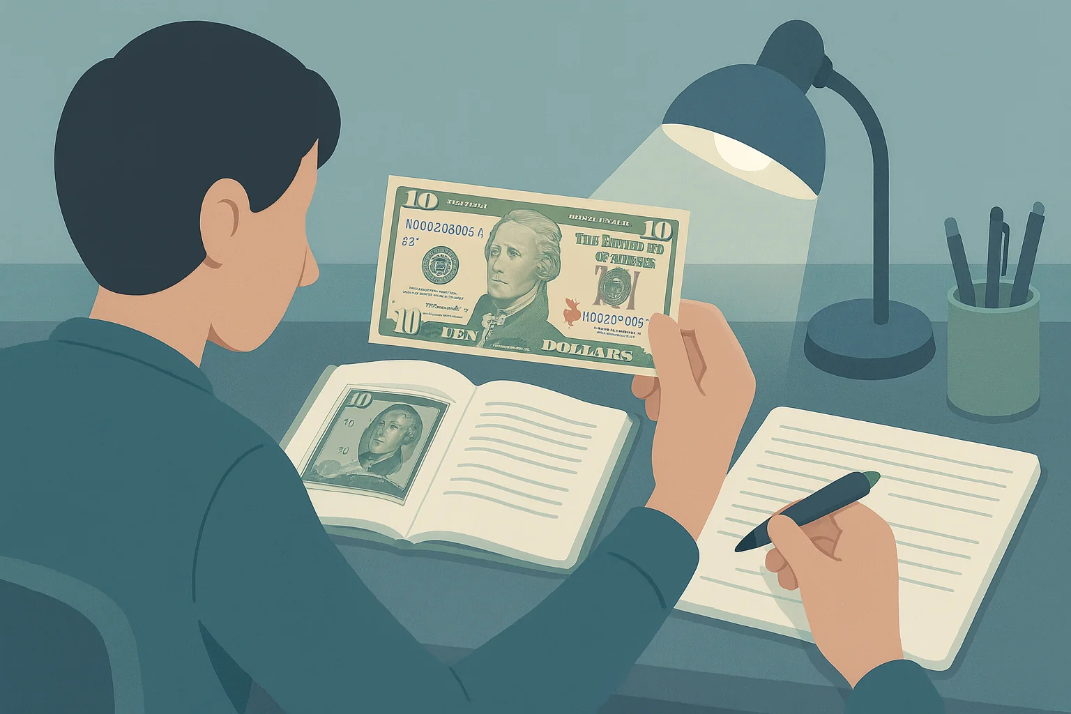 Students behind the desk take notes about the $10 bill.