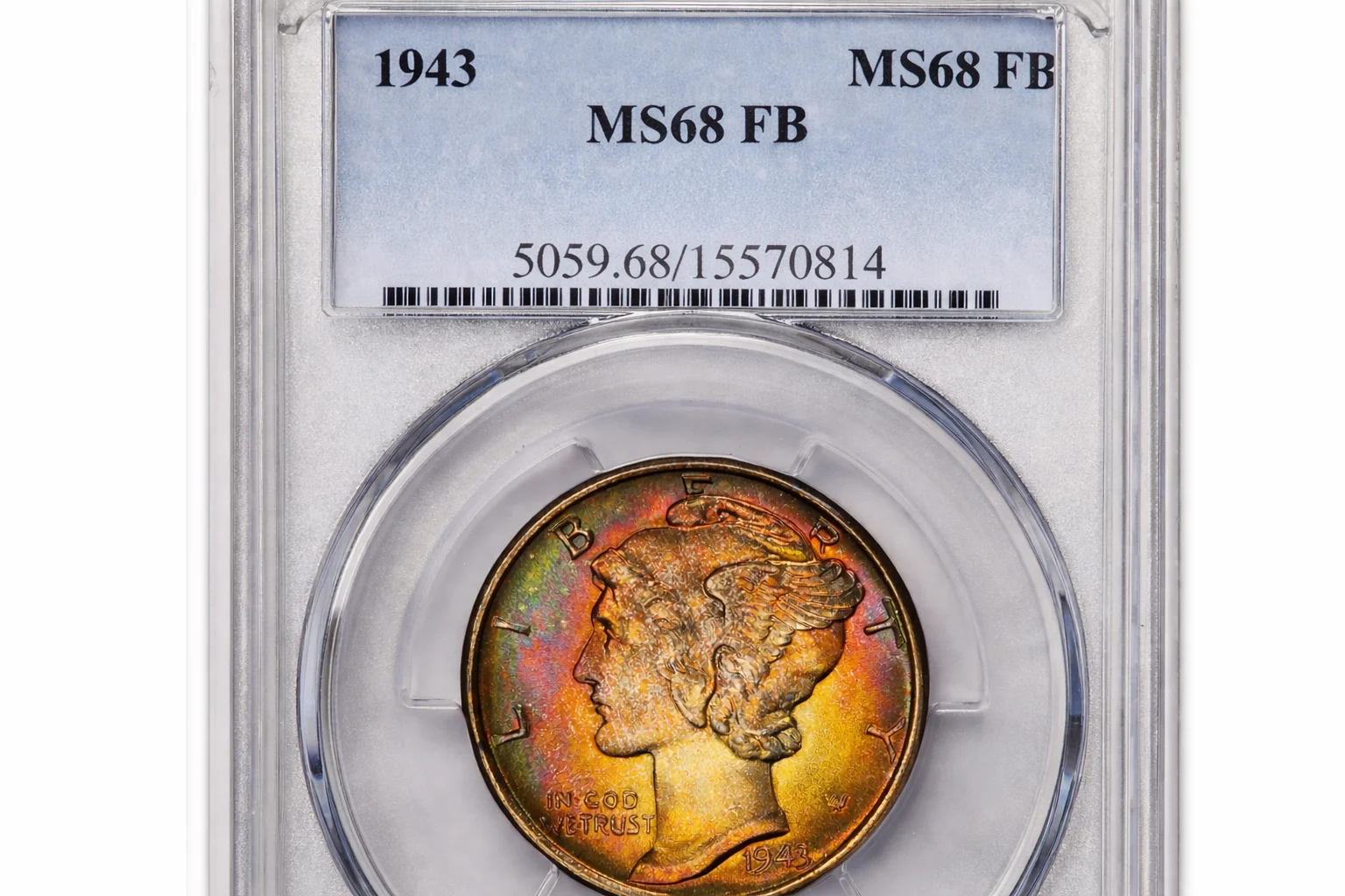 A close-up of a slabbed MS68 FB Mercury dime.